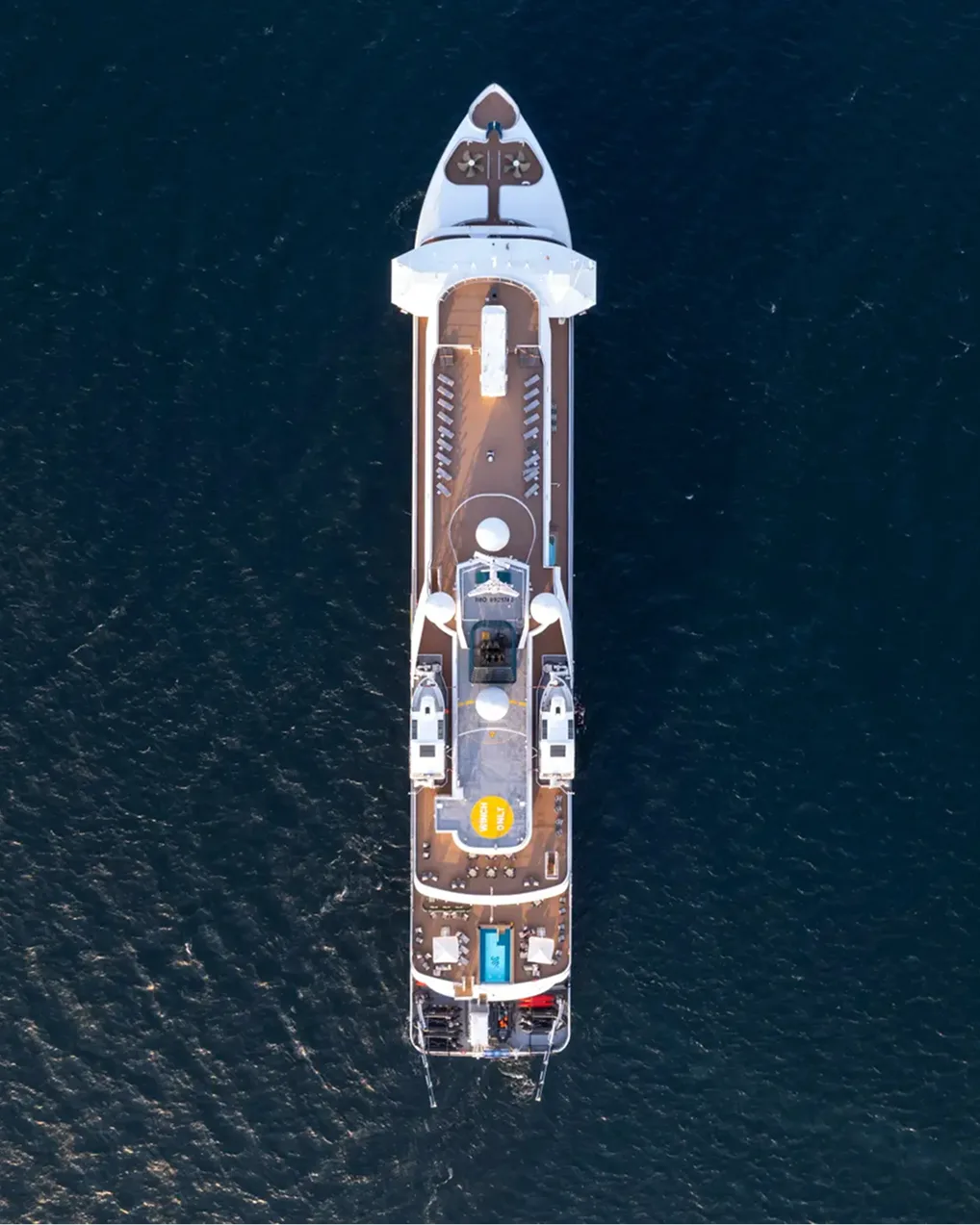 Aerial view of the ship at sea, seen from directly above
