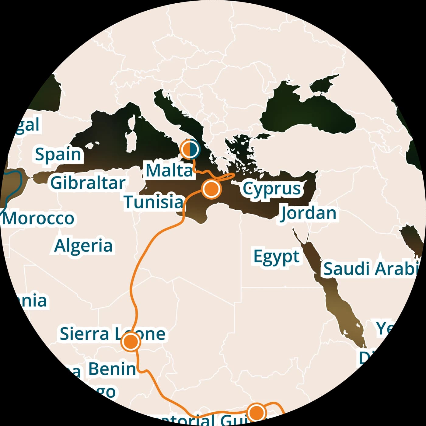 Globe showing African routes from the Mediterranean down the West African coast