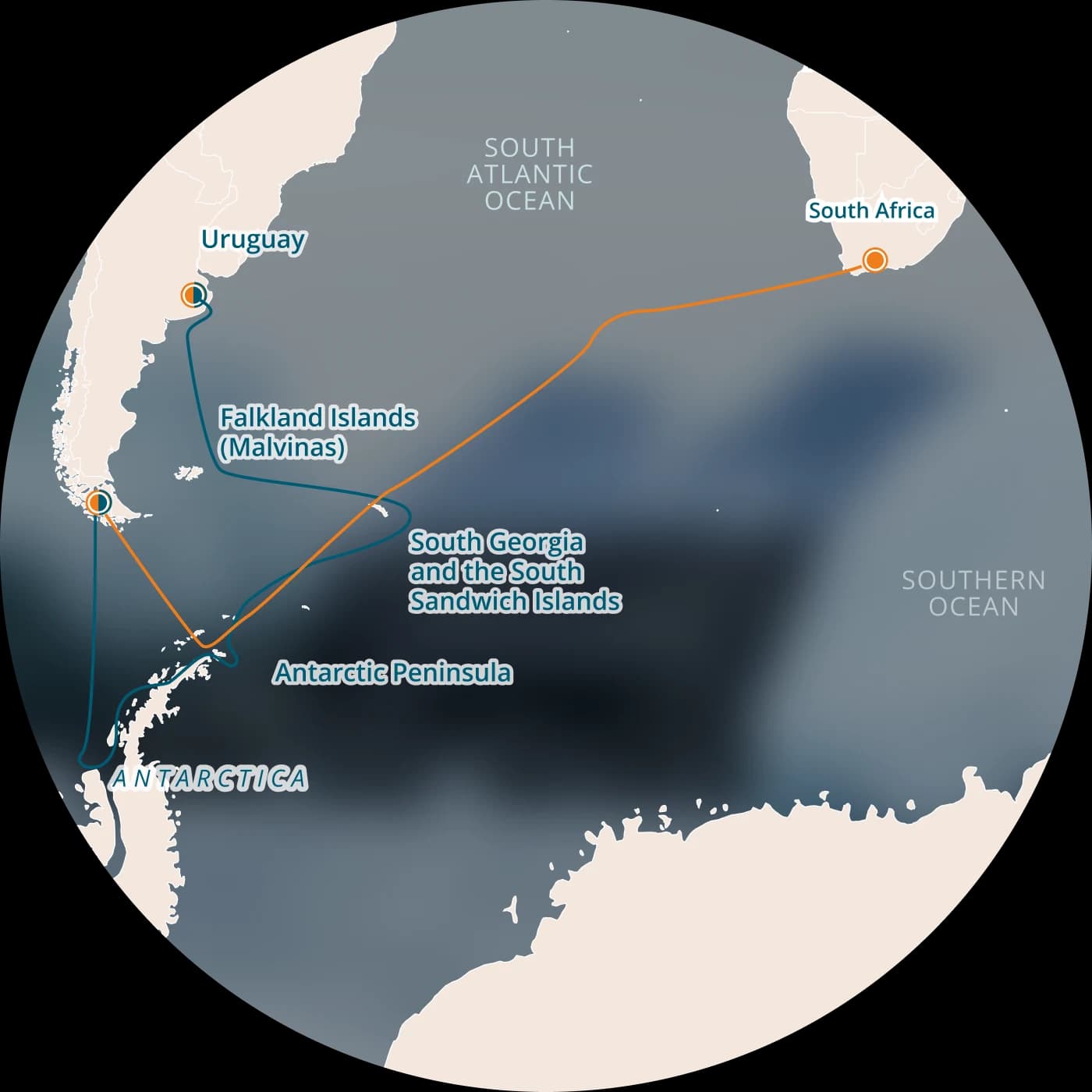 Globe showing Antarctic routes from Uruguay, the Falkland Islands, South Georgia and South Africa