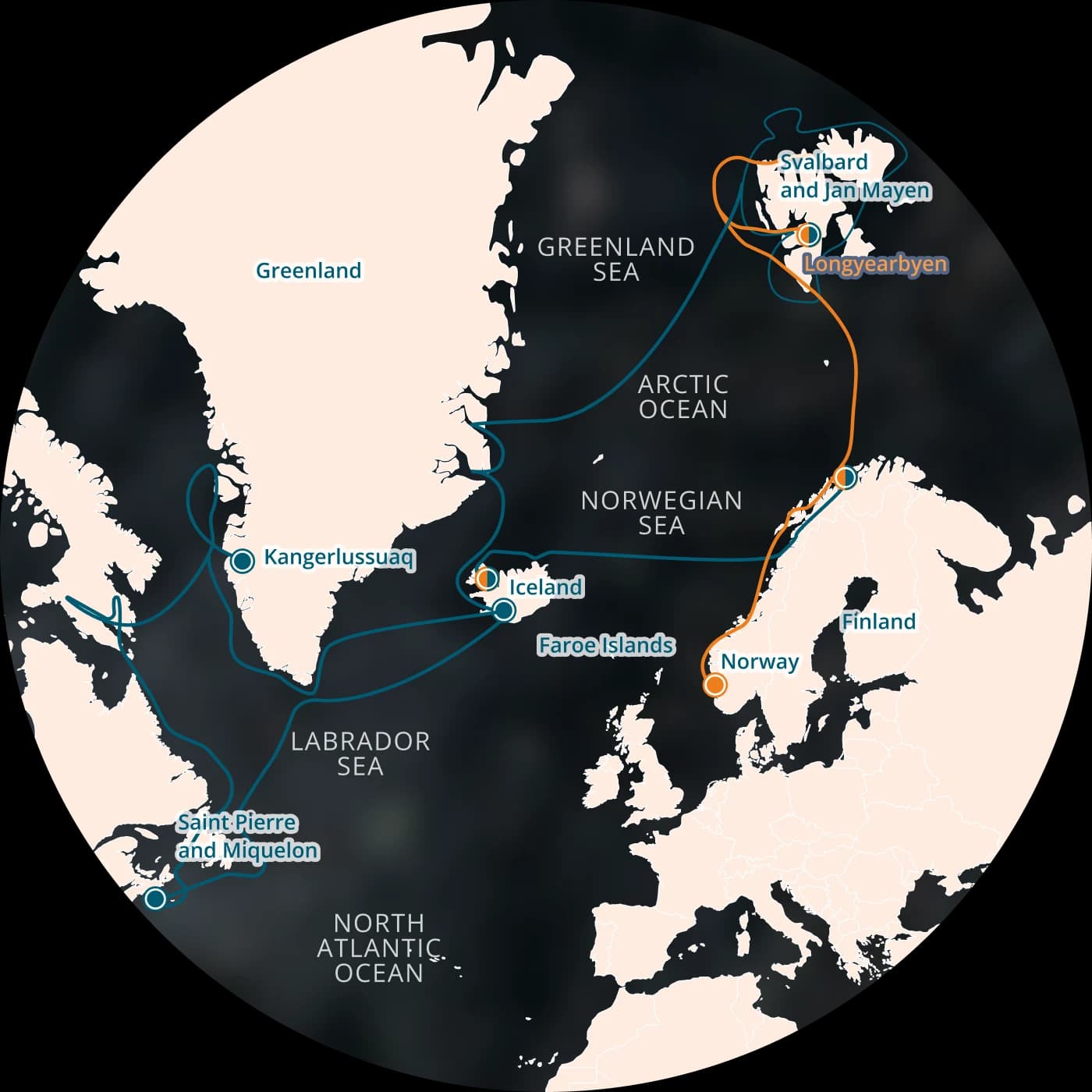 Globe showing Arctic routes across Greenland, Iceland, the Faroe Islands, Norway and Svalbard