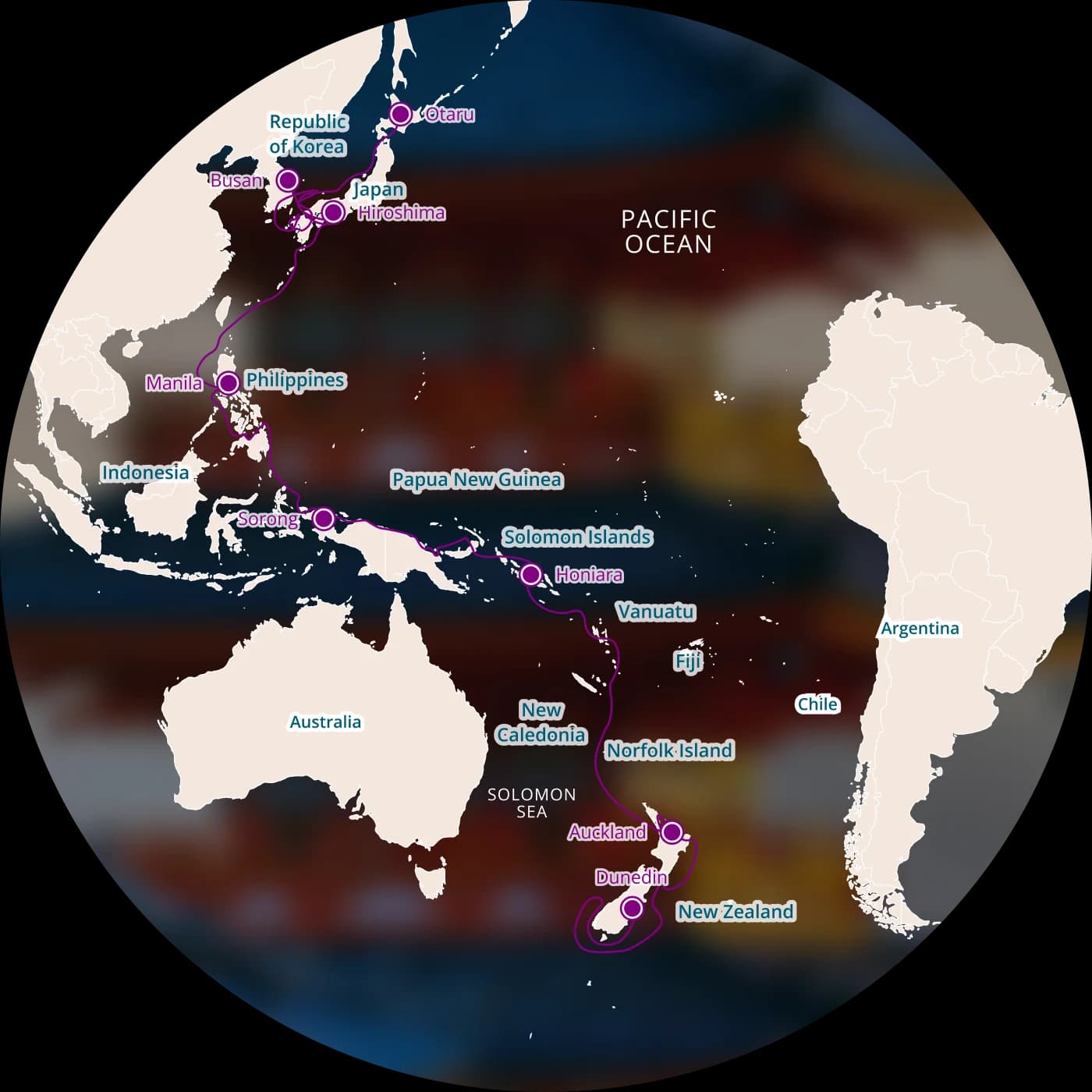 Globe showing Asia-Pacific routes from Japan and the Philippines through Papua New Guinea to New Zealand