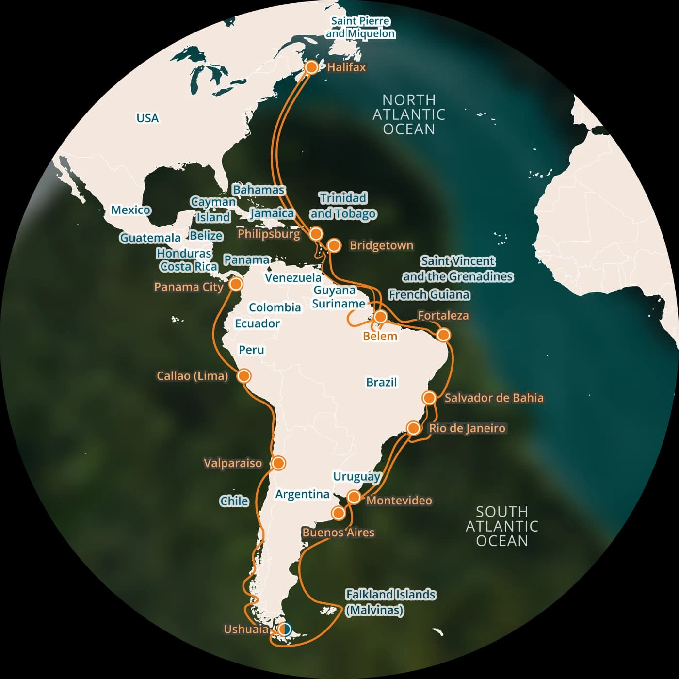 Globe showing routes along the Americas, from Halifax and the Caribbean down to Ushuaia