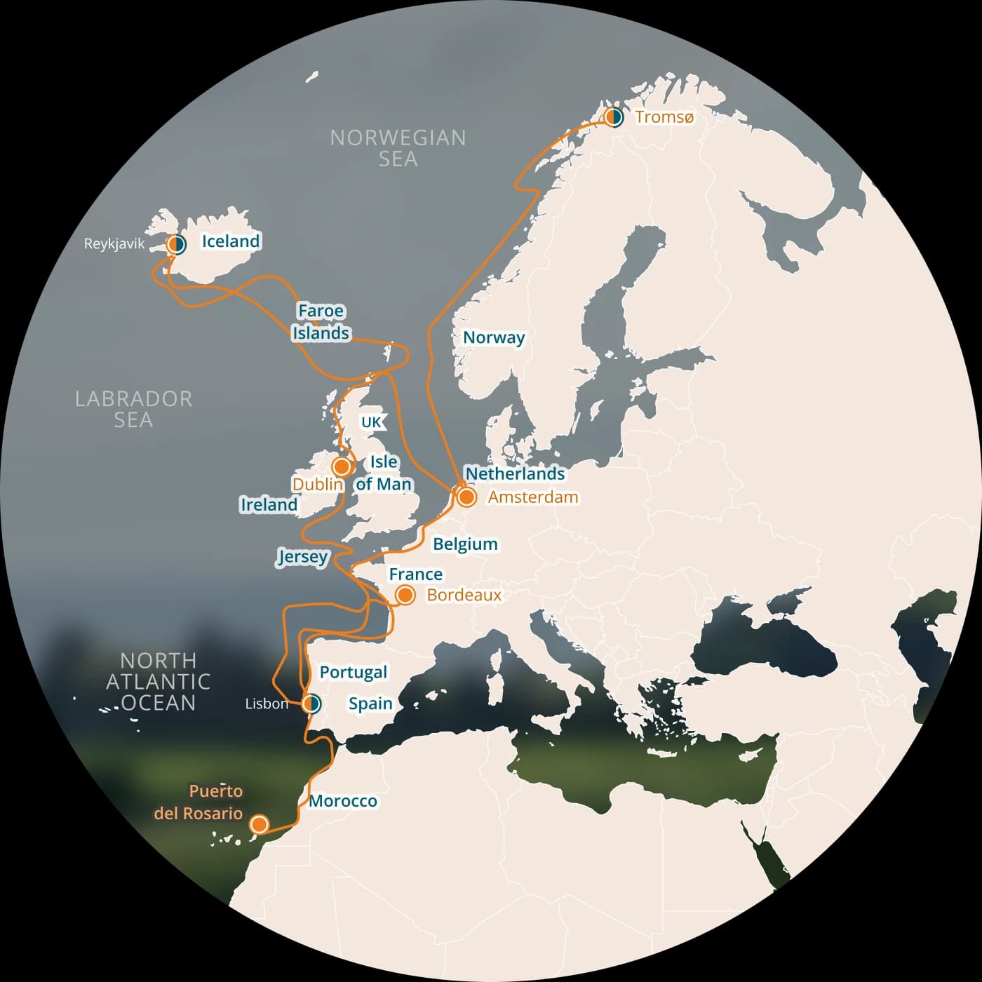 Globe showing European routes from Iceland and Norway down to Spain, Portugal and Morocco